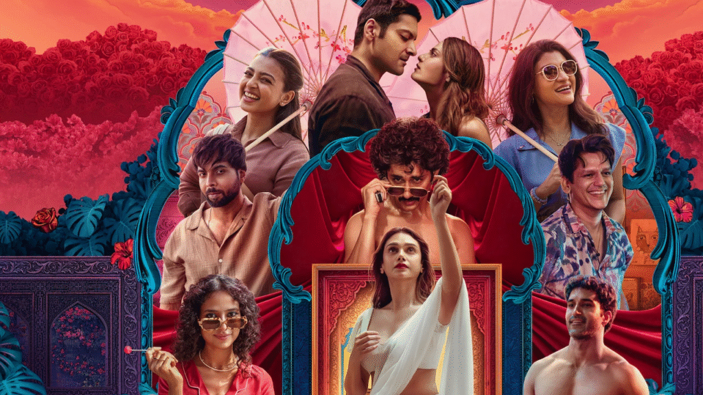 Lust Stories 3 cast in a vibrant collage featuring actors, romantic moments, bold colors and rich cinematic artwork