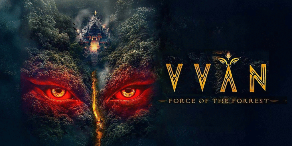 The Vvan Force of the Forrest poster shows a mysterious forest, glowing eyes, temple and bold movie title artwork.