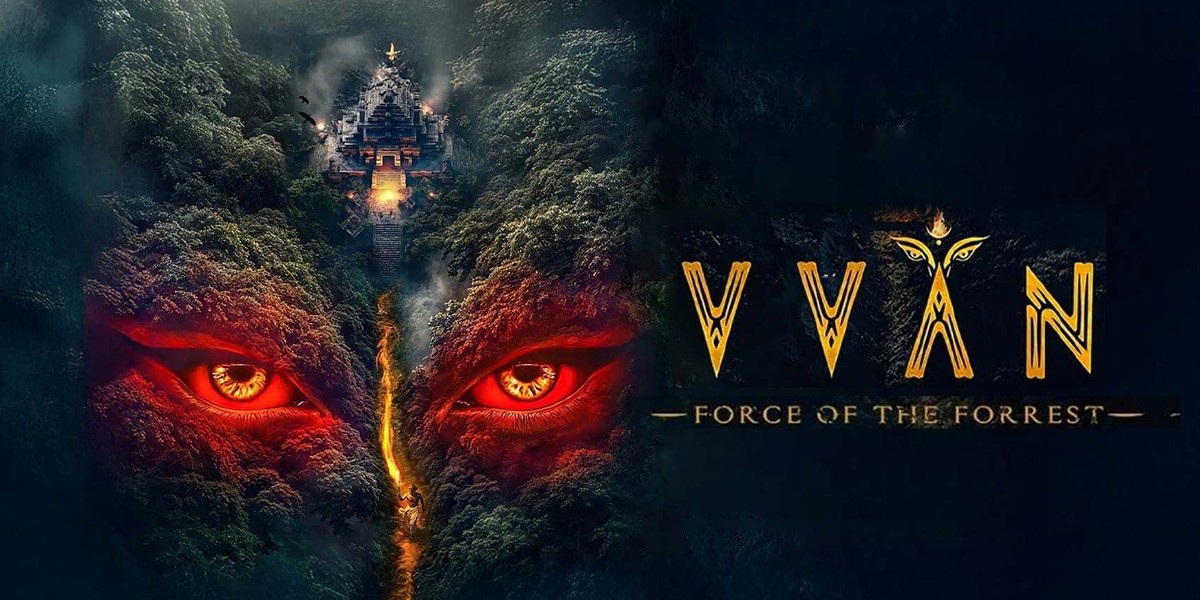 The Vvan Force of the Forrest poster shows a mysterious forest, glowing eyes, temple and bold movie title artwork.
